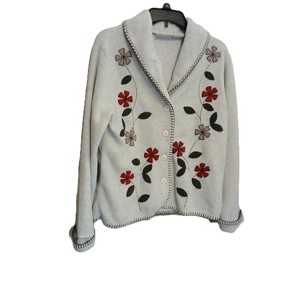 VINTAGE COTTAGECORE BASIC EDITIONS/ TAN FLORAL EMBROIDERED /FLEECE COAT BUTTONUP - Picture 1 of 6